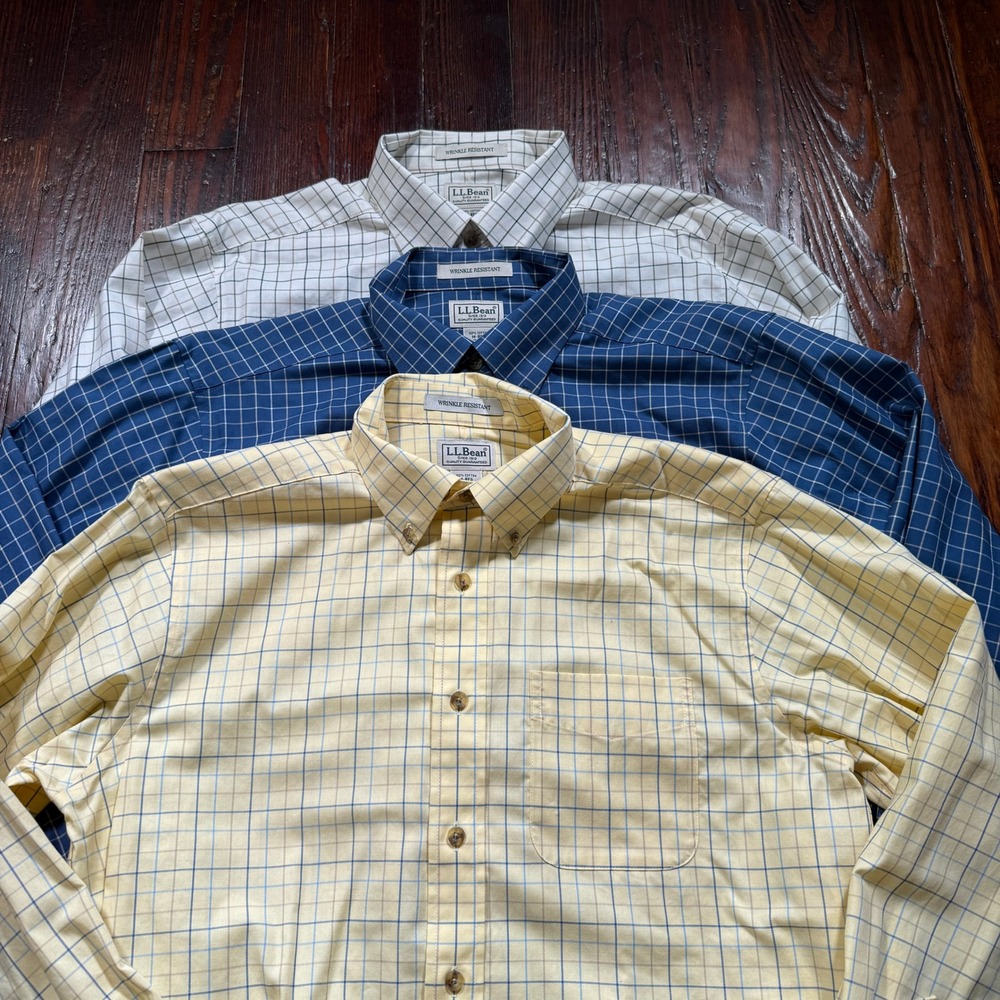 LOT OF 3 LL Bean Shirts Mens M Button Down Wrinkle Resistant Check Bundle